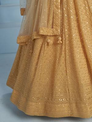 beige thread embroidered georgette lehenga set choli with dupatta 9