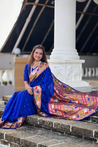 Navy Blue Meenakari Weaving art Paithani Silk Saree