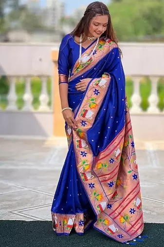Navy Blue Meenakari Weaving art Paithani Silk Saree