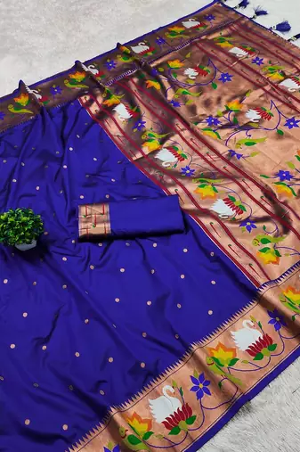 Navy Blue Meenakari Weaving art Paithani Silk Saree