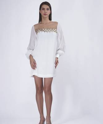 White georgette plain short dress 1