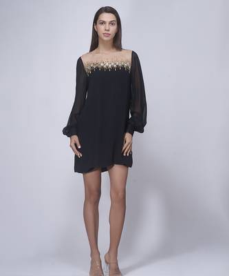 Black plain georgette short dress 1