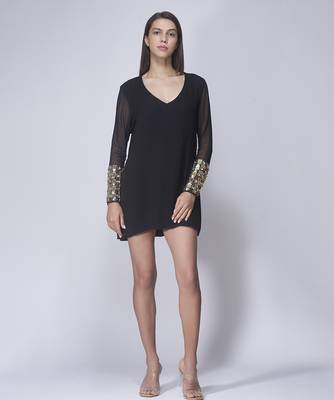 Plain black georgette short dress 1