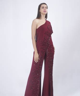 Burgundy georgette embroidered jumpsuit 1