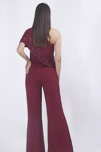 Burgundy georgette embroidered jumpsuit