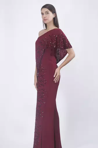 Burgundy georgette embroidered jumpsuit