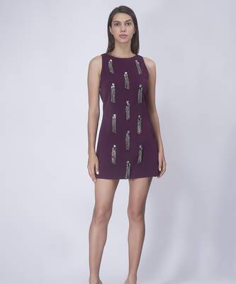 Wine crepe embroidered short dress 1