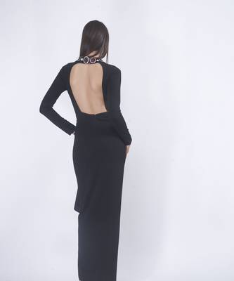 Black crepe plain long dress 2