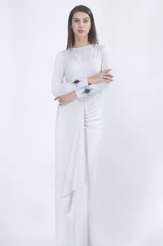 White crepe plain long dress
