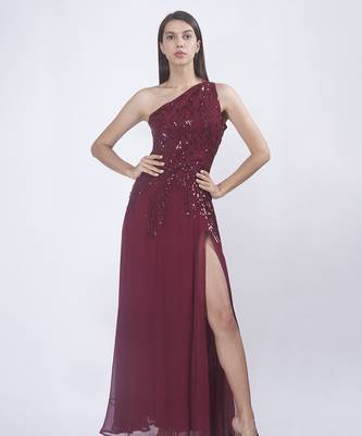 Burgundy georgette embroidered maxi dress 1