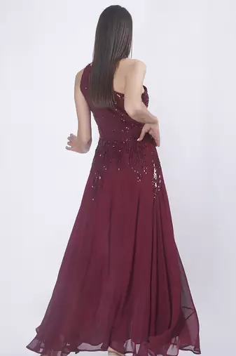 Burgundy georgette embroidered maxi dress