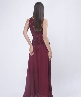 Burgundy georgette embroidered maxi dress 3