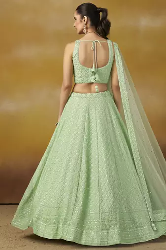 mint green thread embroidered georgette lehenga set choli with dupatta