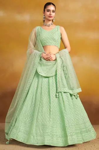 mint green thread embroidered georgette lehenga set choli with dupatta