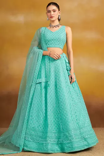 sky blue thread work georgettelehenga set choli with dupatta