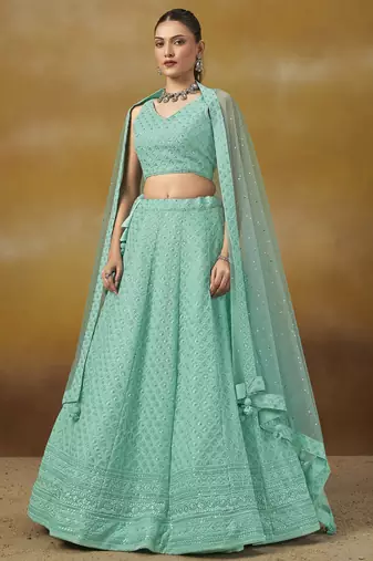 sky blue thread work georgettelehenga set choli with dupatta