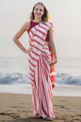  multicolor Abstract Stripe Print Muslin Cotton Saree 1