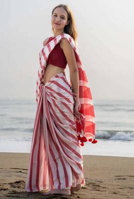  multicolor Abstract Stripe Print Muslin Cotton Saree 3