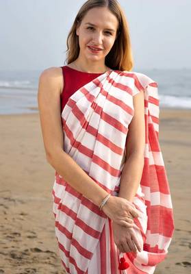  multicolor Abstract Stripe Print Muslin Cotton Saree 4