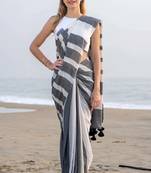  multicolor Abstract Stripe Print Muslin Cotton Saree