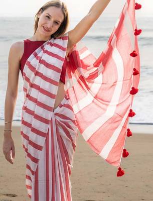  multicolor Abstract Stripe Print Muslin Cotton Saree 5