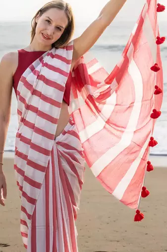  multicolor Abstract Stripe Print Muslin Cotton Saree