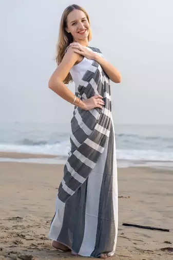  multicolor Abstract Stripe Print Muslin Cotton Saree