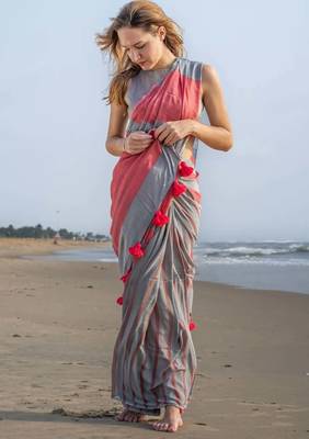  multicolor Abstract Stripe Print Muslin Cotton Saree 1