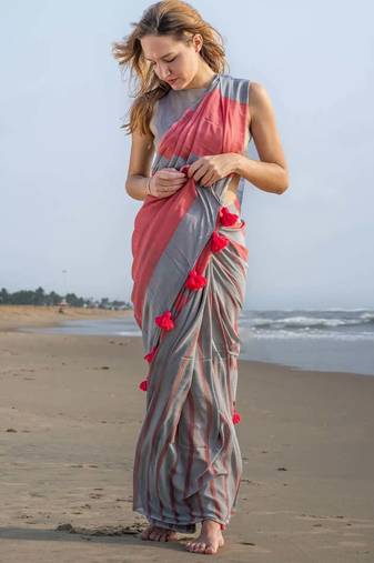  multicolor Abstract Stripe Print Muslin Cotton Saree