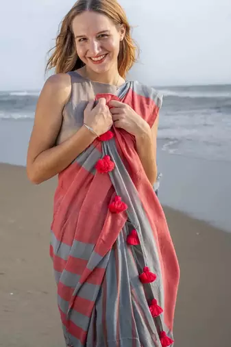  multicolor Abstract Stripe Print Muslin Cotton Saree