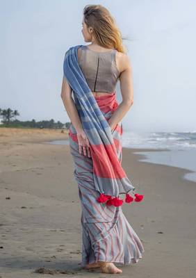 multicolor Abstract Stripe Print Muslin Cotton Saree 5