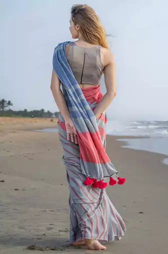  multicolor Abstract Stripe Print Muslin Cotton Saree