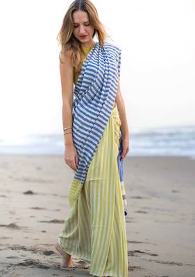  multicolor Abstract Stripe Print Muslin Cotton Saree 1
