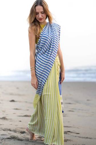  multicolor Abstract Stripe Print Muslin Cotton Saree