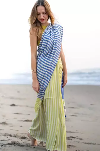  multicolor Abstract Stripe Print Muslin Cotton Saree