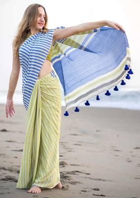  multicolor Abstract Stripe Print Muslin Cotton Saree 2