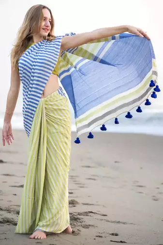  multicolor Abstract Stripe Print Muslin Cotton Saree