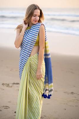  multicolor Abstract Stripe Print Muslin Cotton Saree 3