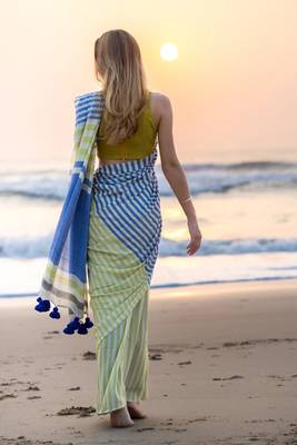  multicolor Abstract Stripe Print Muslin Cotton Saree 4