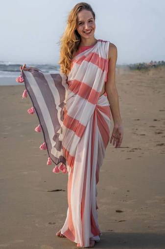  multicolor Abstract Stripe Print Muslin Cotton Saree