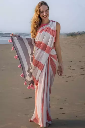  multicolor Abstract Stripe Print Muslin Cotton Saree