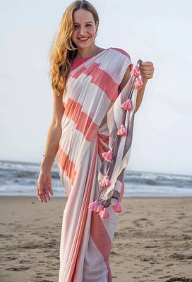  multicolor Abstract Stripe Print Muslin Cotton Saree 2