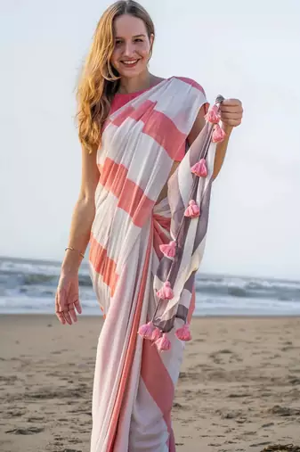  multicolor Abstract Stripe Print Muslin Cotton Saree
