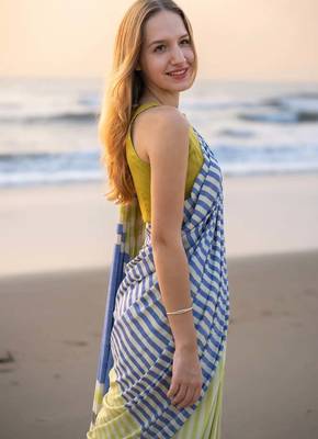  multicolor Abstract Stripe Print Muslin Cotton Saree 5