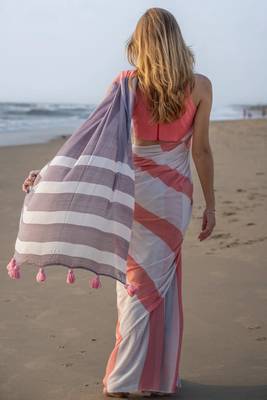  multicolor Abstract Stripe Print Muslin Cotton Saree 3