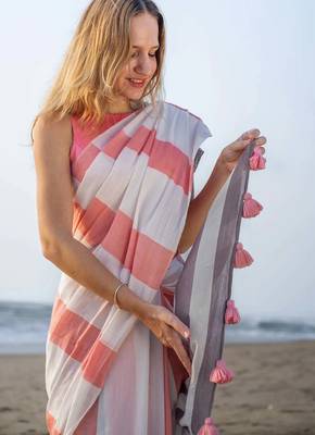  multicolor Abstract Stripe Print Muslin Cotton Saree 4