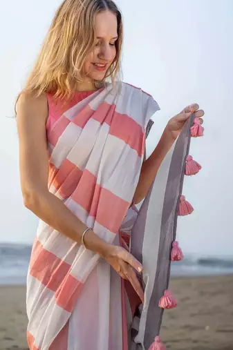  multicolor Abstract Stripe Print Muslin Cotton Saree