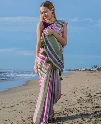  multicolor Abstract Stripe Print Muslin Cotton Saree 1