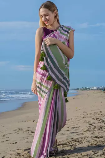  multicolor Abstract Stripe Print Muslin Cotton Saree