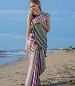  multicolor Abstract Stripe Print Muslin Cotton Saree